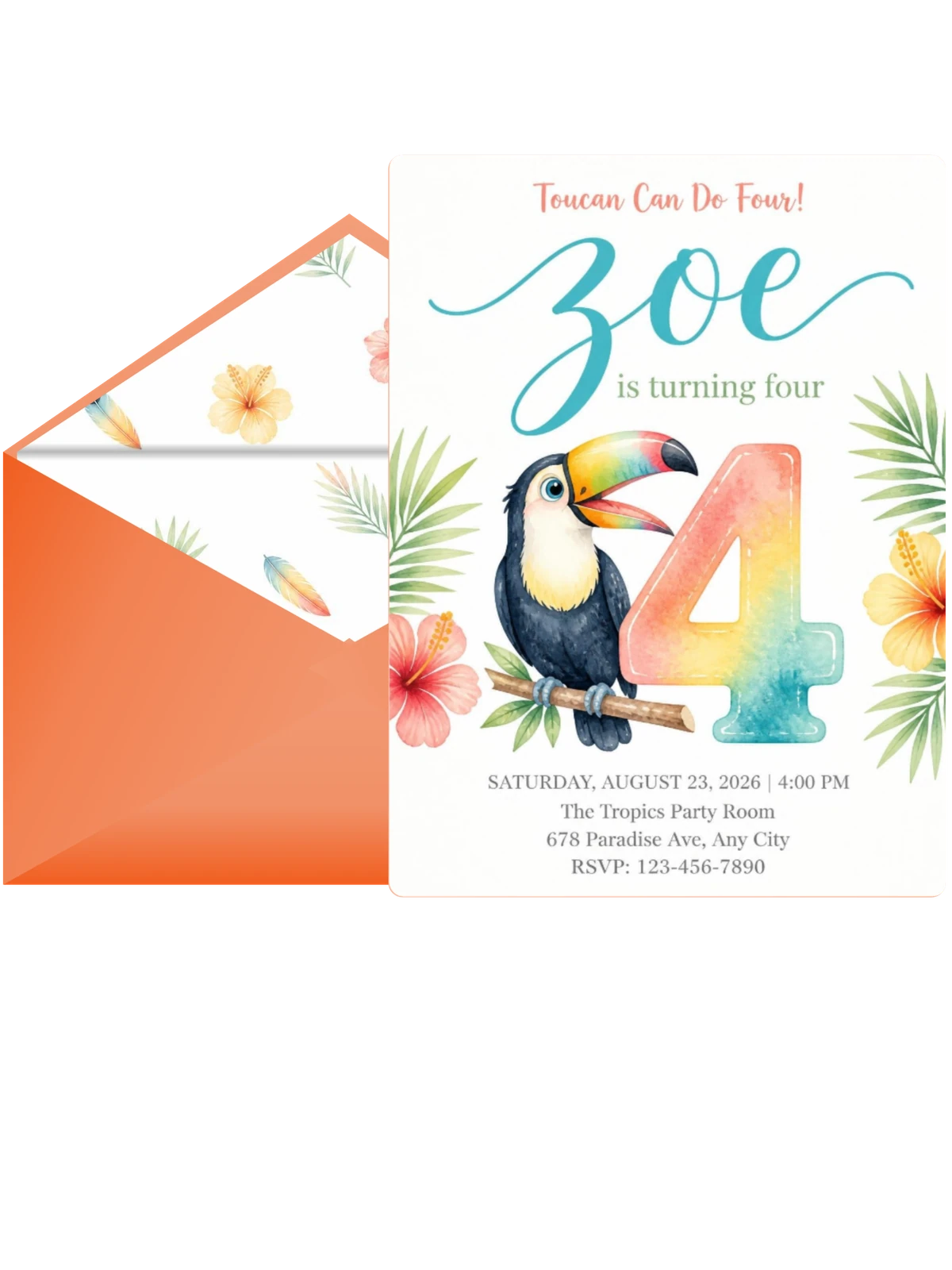 Watercolor Toucan Tropical 4th Birthday Invitation
