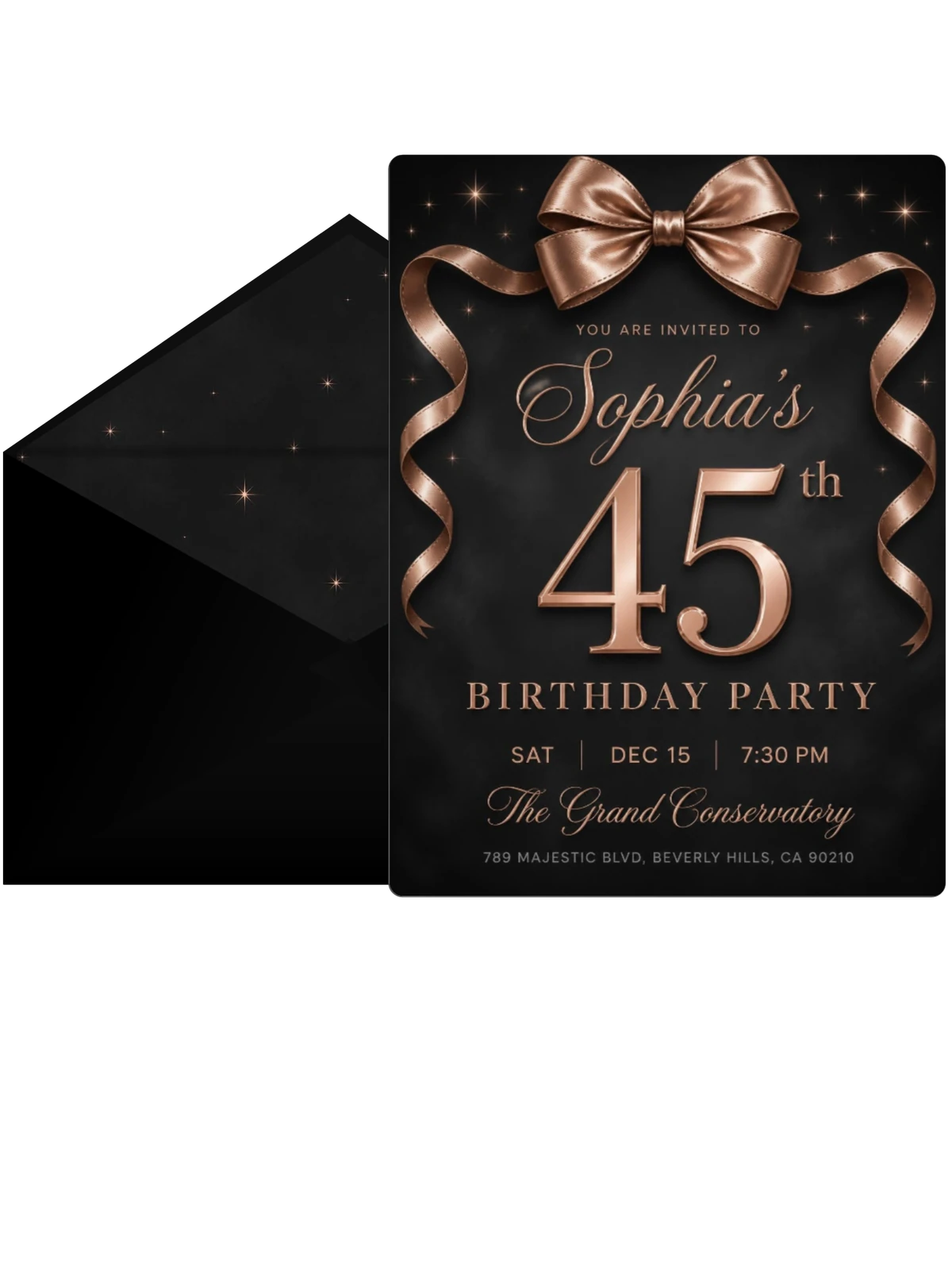 Rose Gold Bow 45th Birthday Invitation