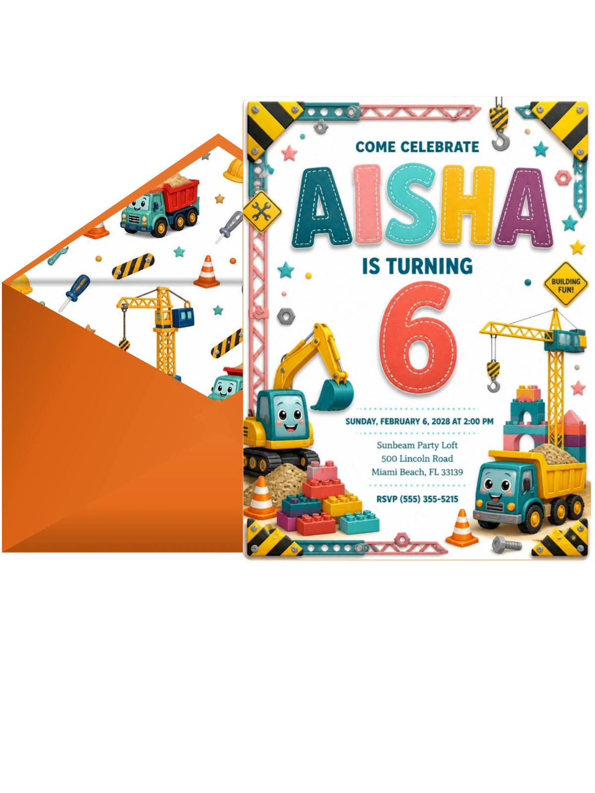 Stitched Construction 6th Birthday Invitation