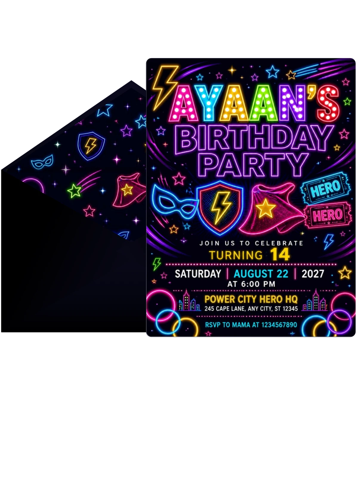 Neon Superhero 14th Birthday Invitation