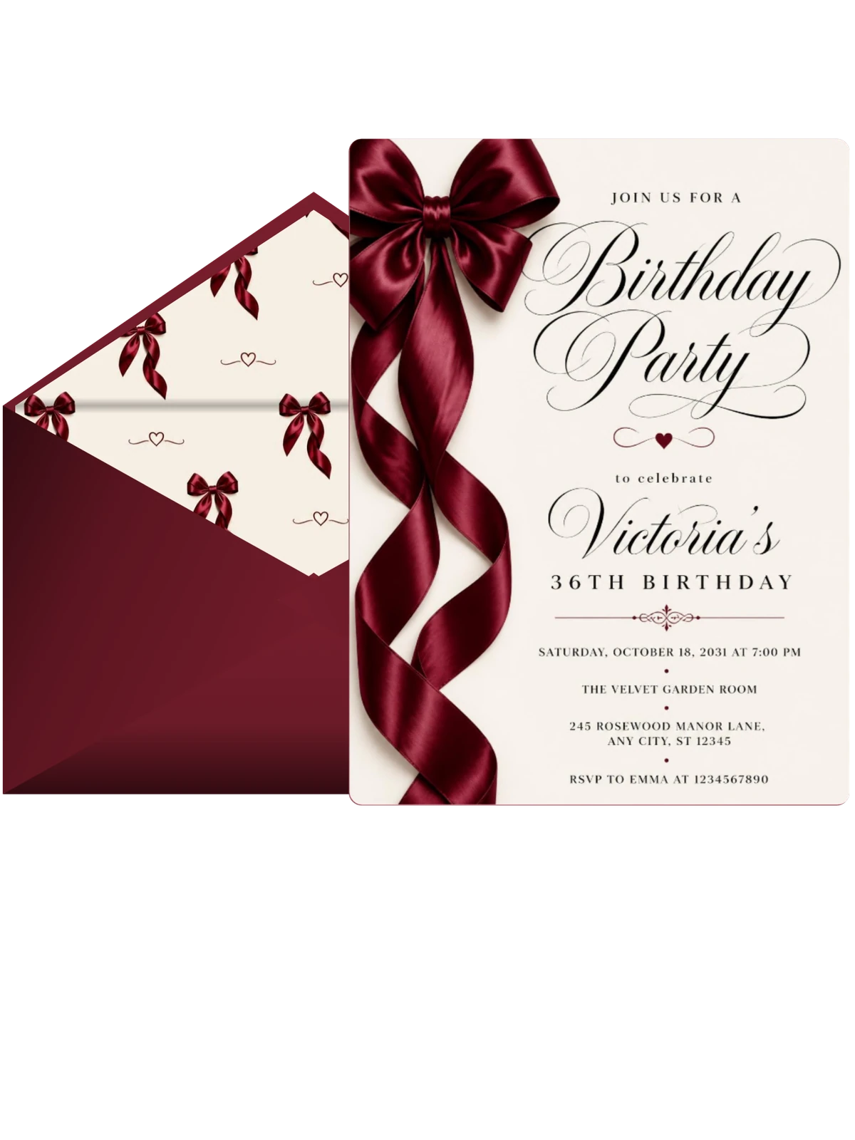 Burgundy Satin Bow 36th Birthday Invitation