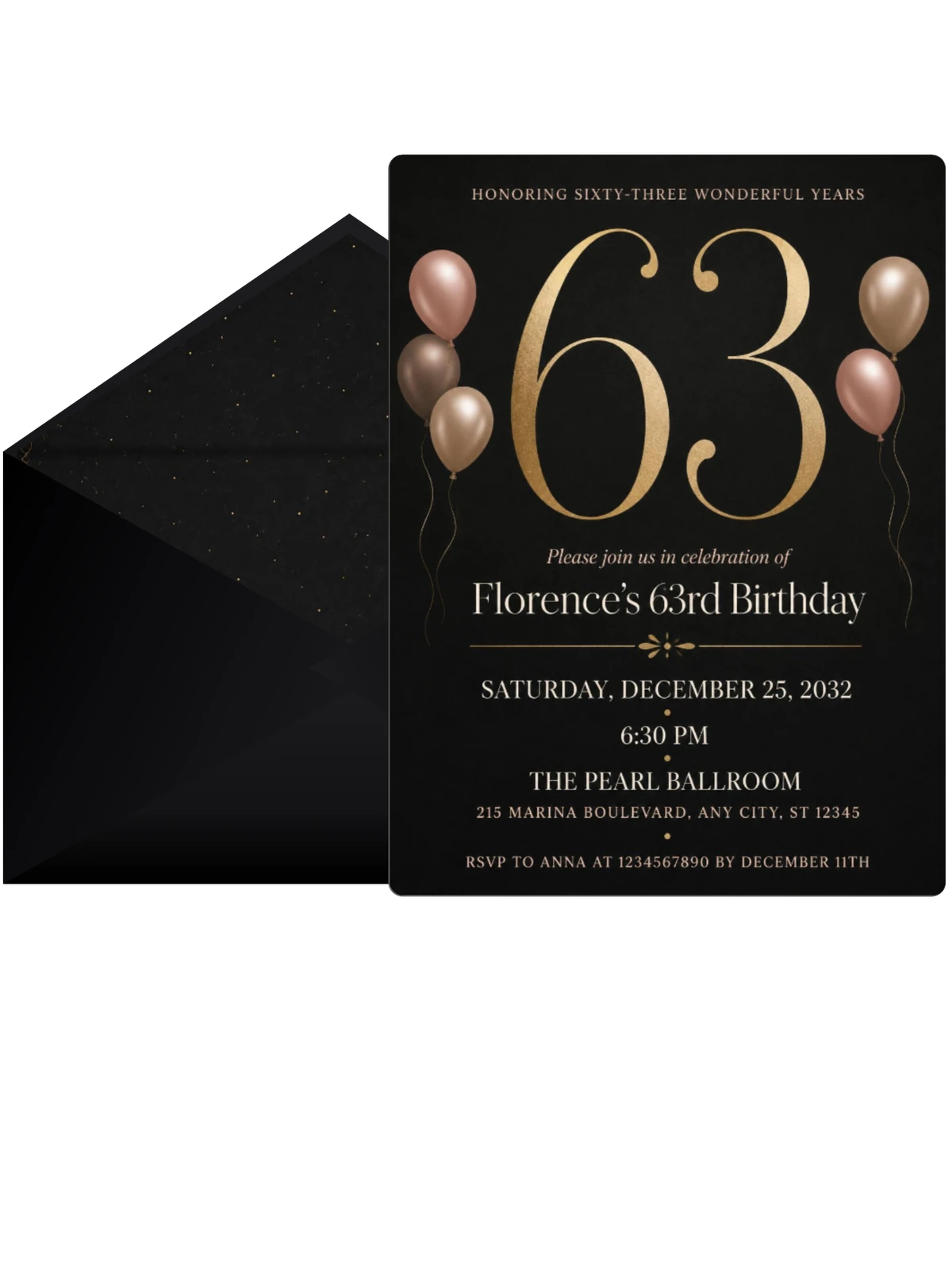 Charcoal and Blush 63rd Birthday Invitation