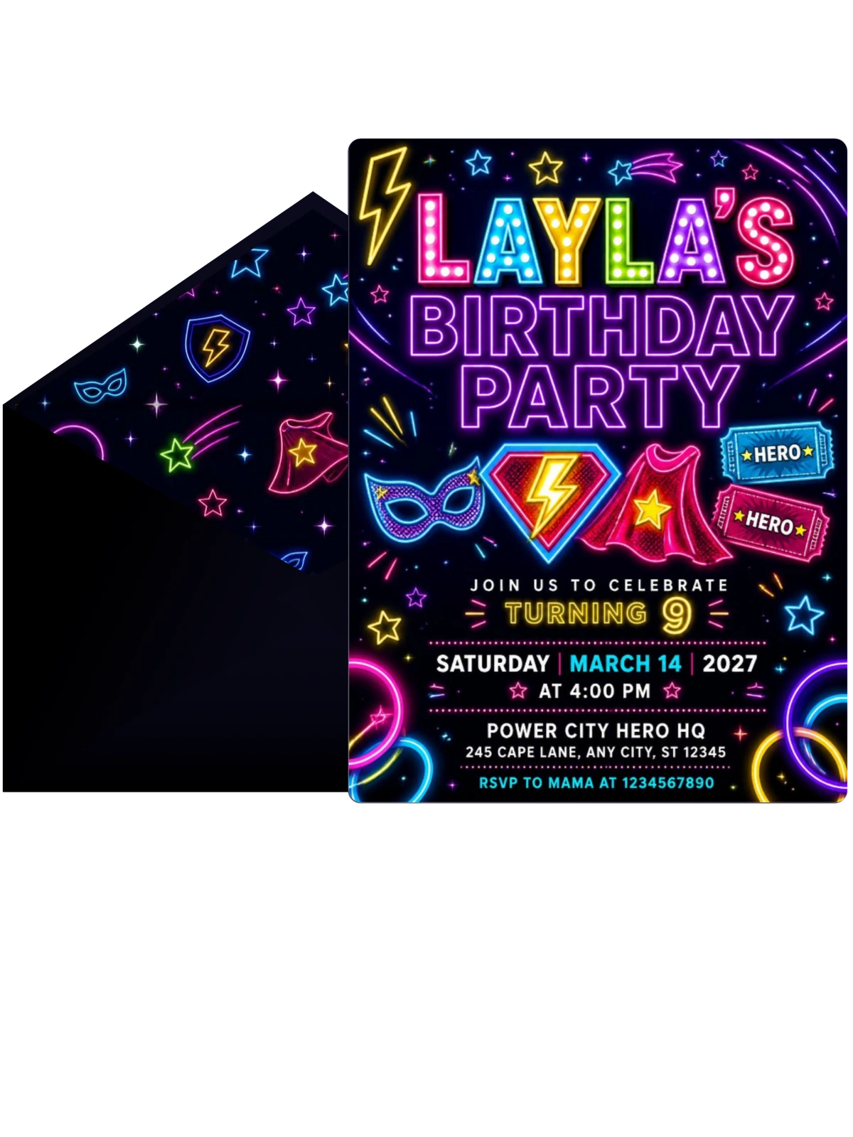 Neon Superhero 9th Birthday Invitation