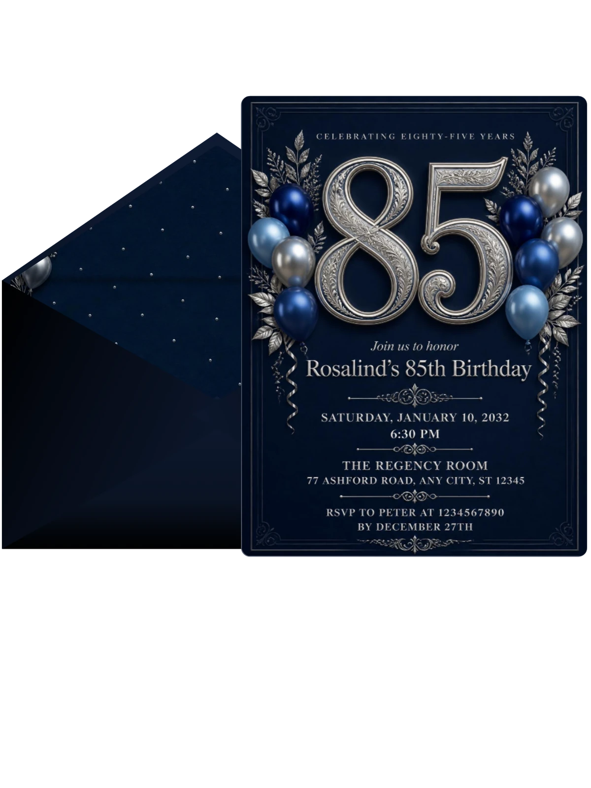 Navy and Silver 85th Birthday Invitation