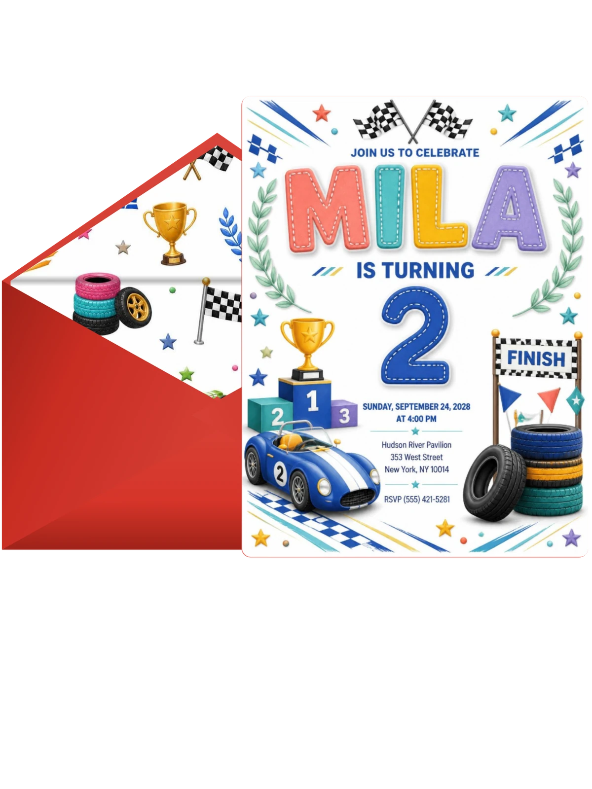 Stitched Race Car 2nd Birthday Invitation