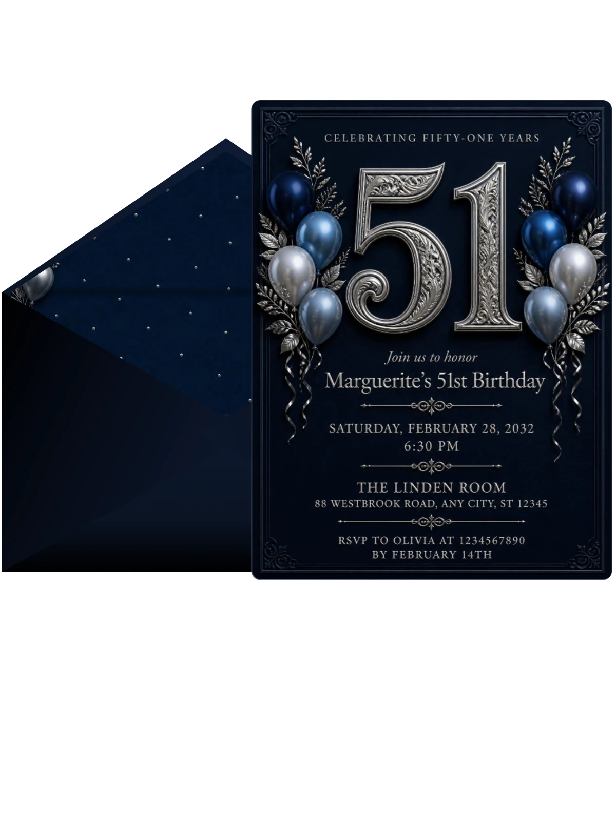 Navy and Silver 51st Birthday Invitation