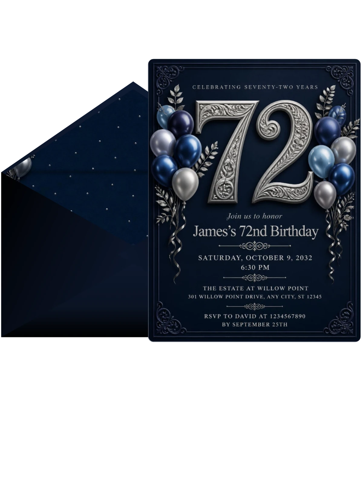 Navy and Silver 72nd Birthday Invitation