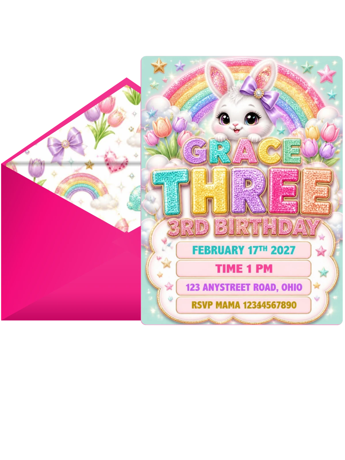 Glitter Sparkle Bunny 3rd Birthday Invitation