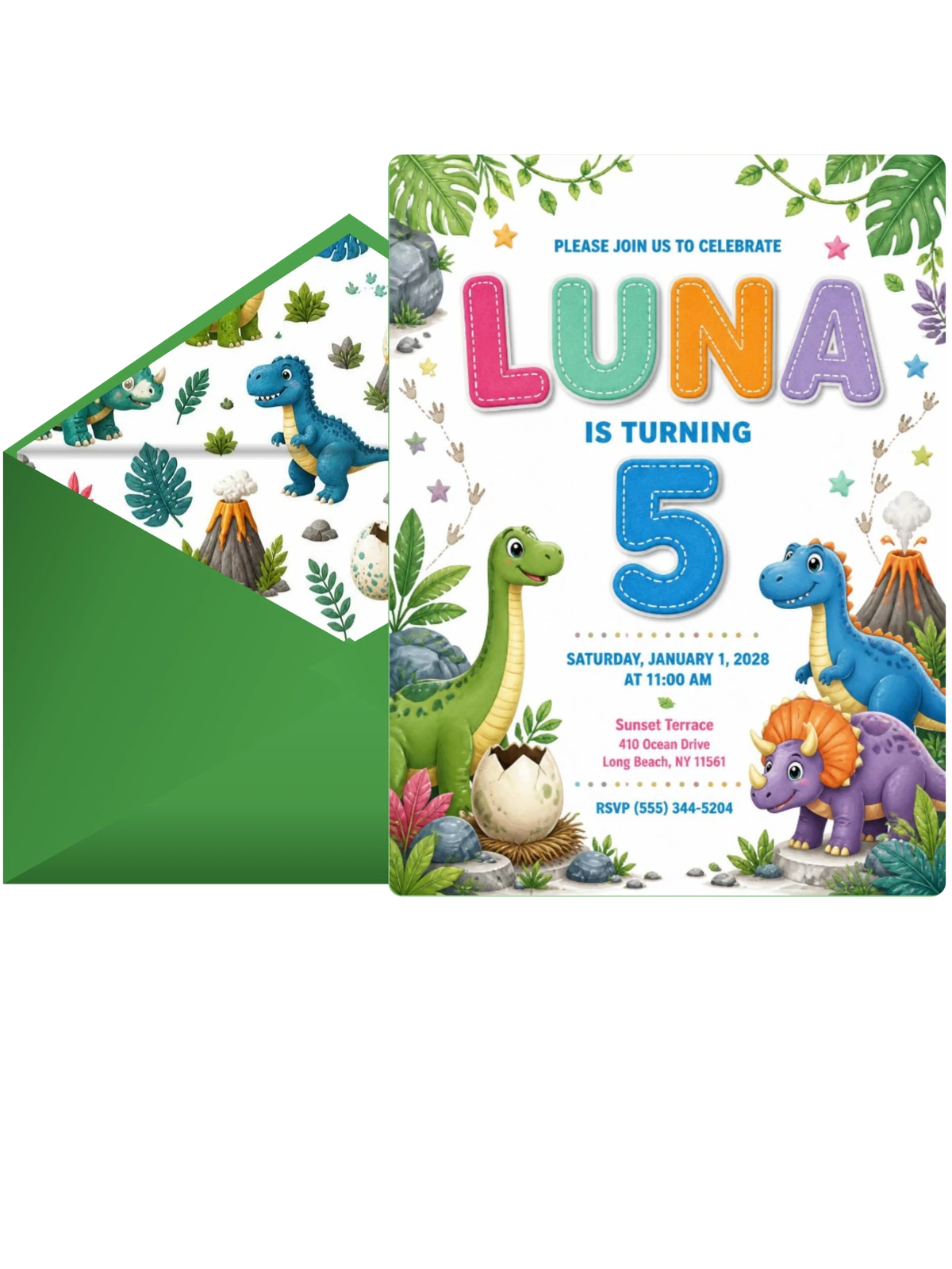 Stitched Dinosaur 5th Birthday Invitation