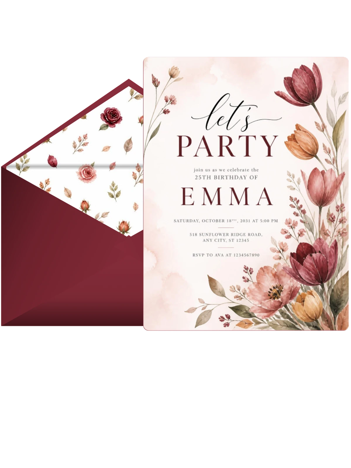 Tulips Wildflowers Autumn 25th Birthday Invitation