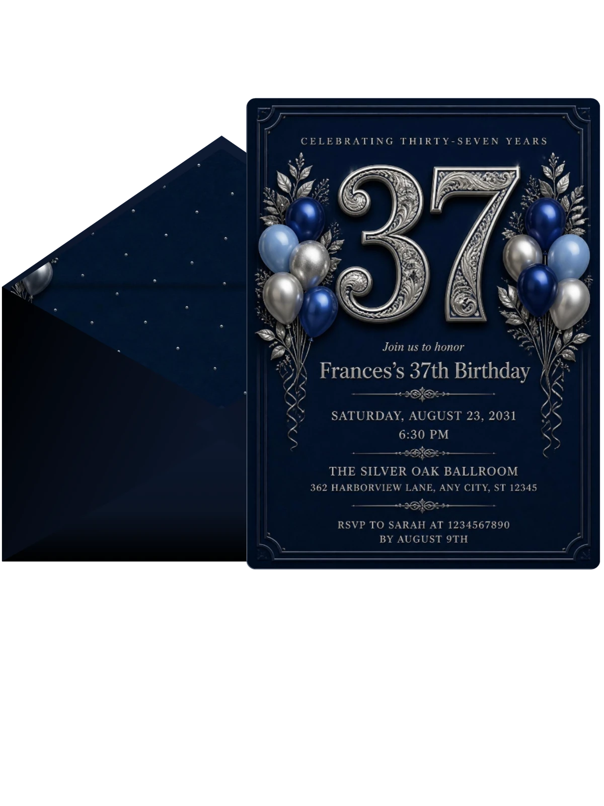 Navy and Silver 37th Birthday Invitation
