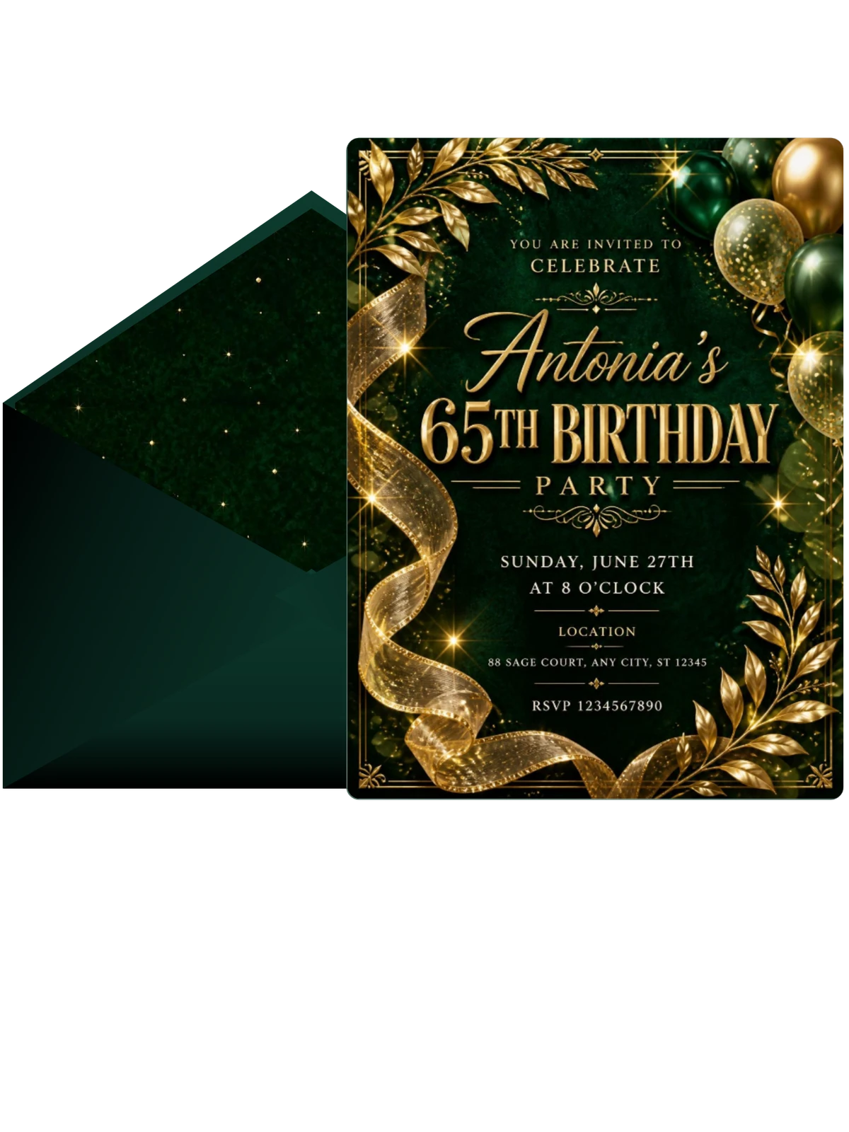 Emerald and Champagne 65th Birthday Invitation