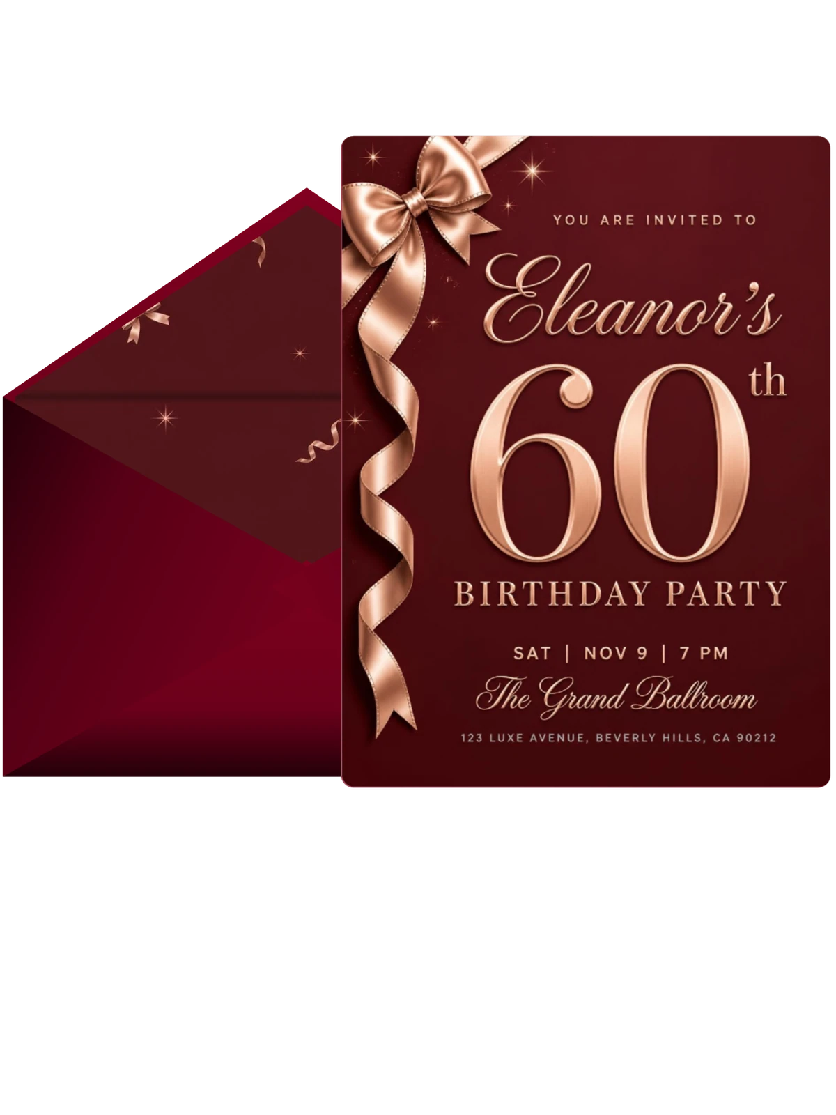 Burgundy Rose-Gold Ribbon 60th Birthday