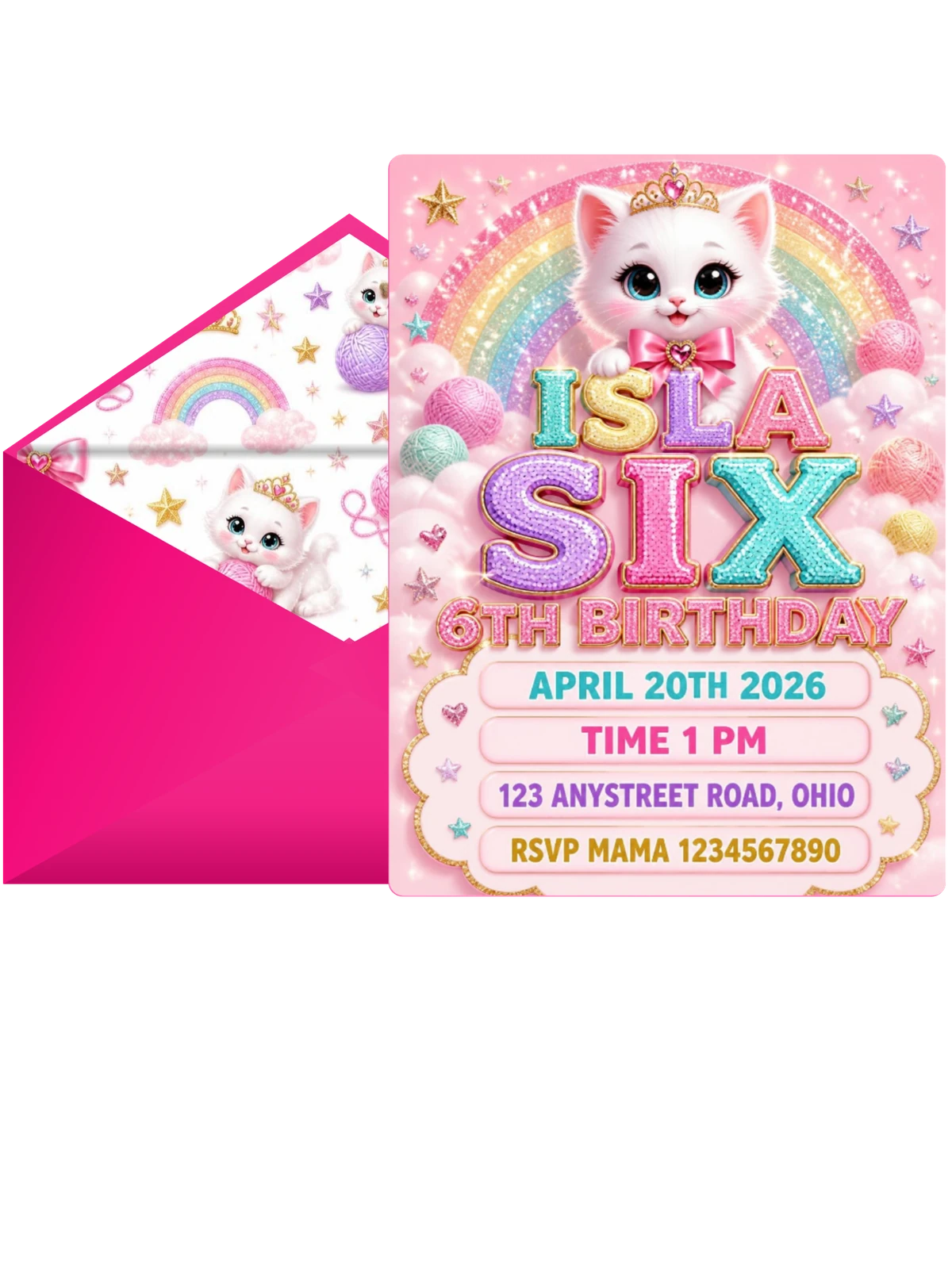 Glitter Kitty Cat 6th Birthday Invitation