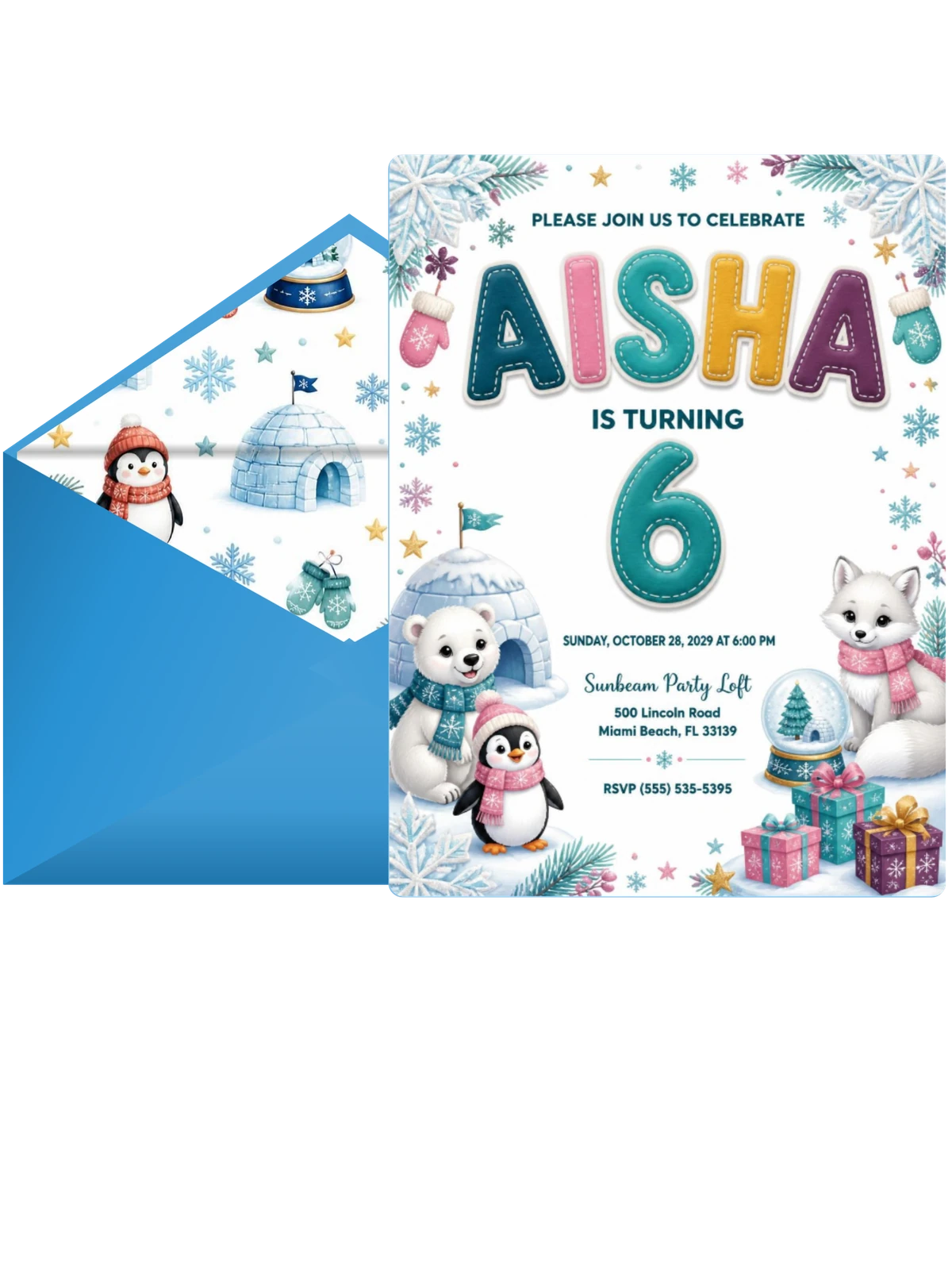 Stitched Winter Polar 6th Birthday Invitation