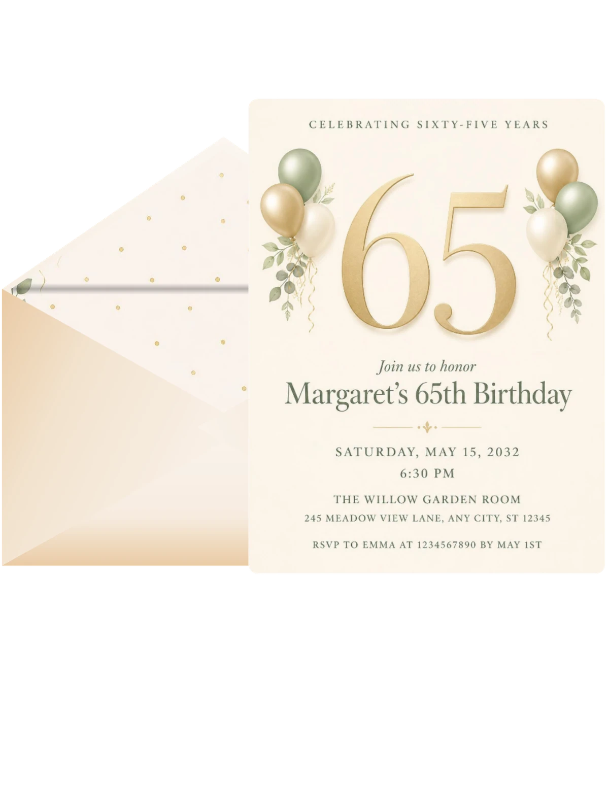 Sage and Ivory 65th Birthday Invitation