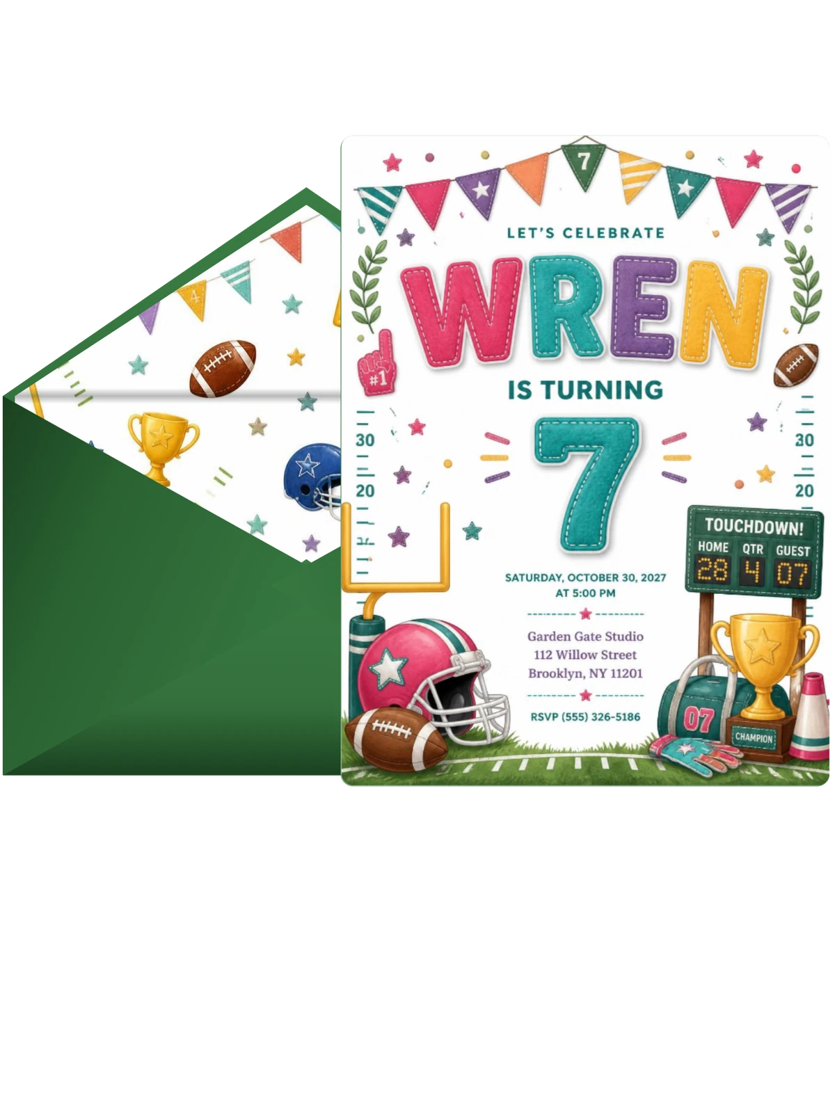 Stitched Football 7th Birthday Invitation