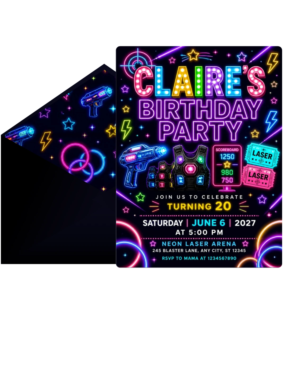 Neon Laser Tag 20th Birthday Invitation