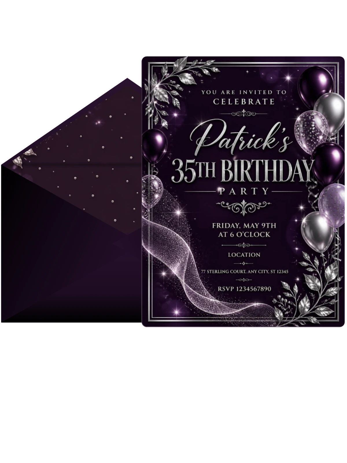 Plum and Silver 35th Birthday Invitation