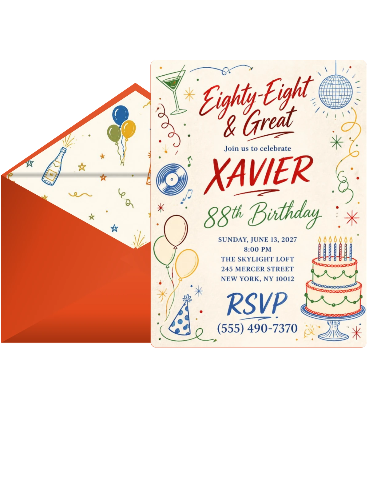 Retro Doodle 88th Birthday Invitation
