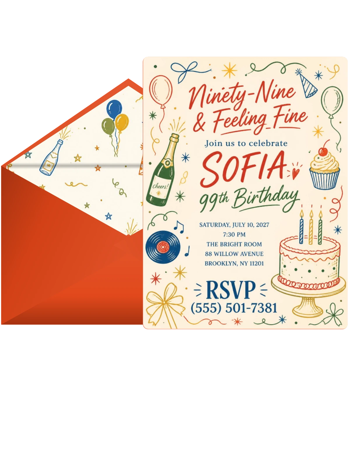 Retro Doodle 99th Birthday Invitation