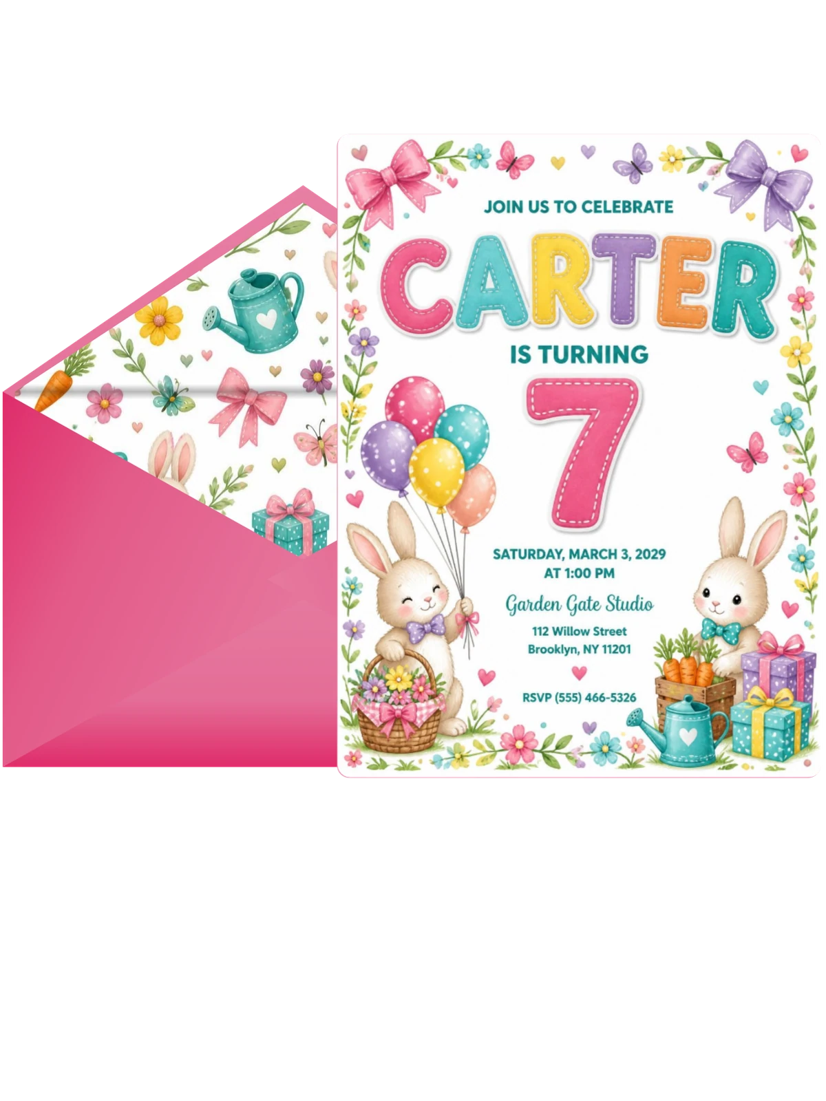 Stitched Bunny Garden 7th Birthday Invitation