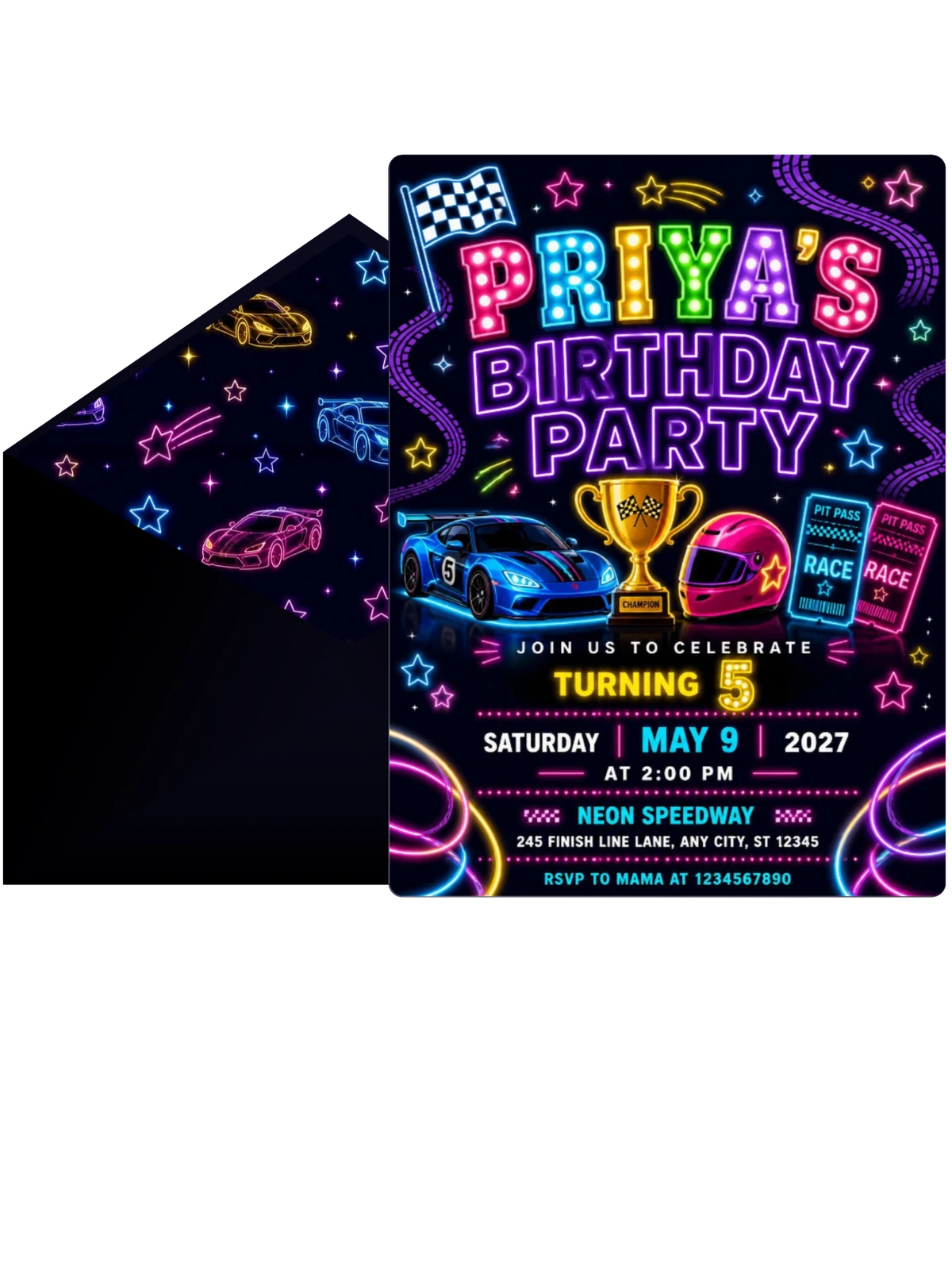 Neon Race Cars 5th Birthday Invitation