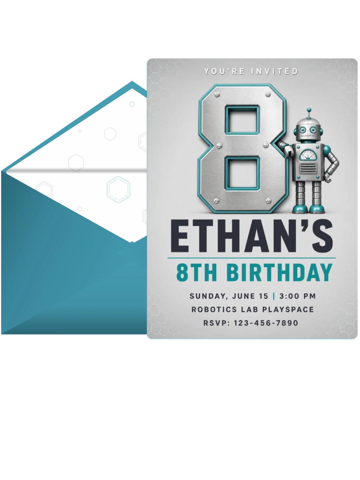 Metallic Robot 8th Birthday Invitation