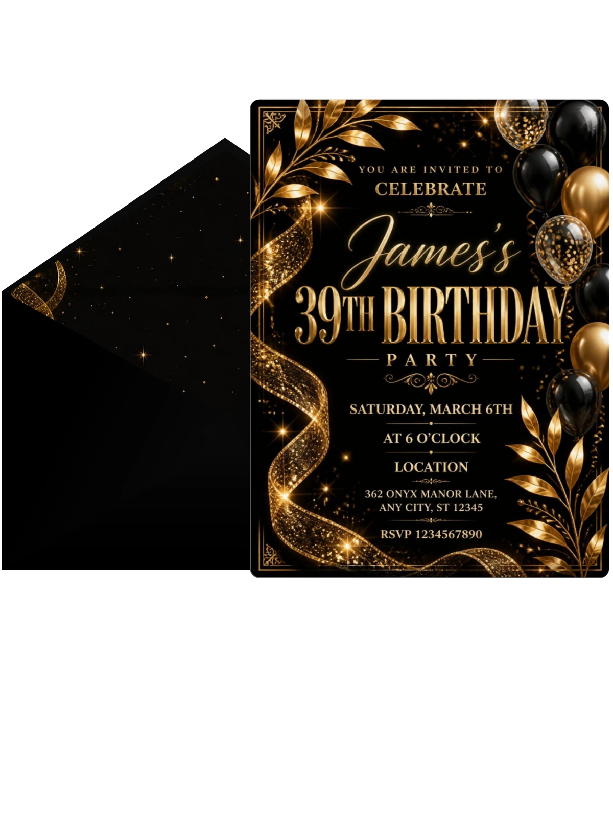 Black and Gold 39th Birthday Invitation