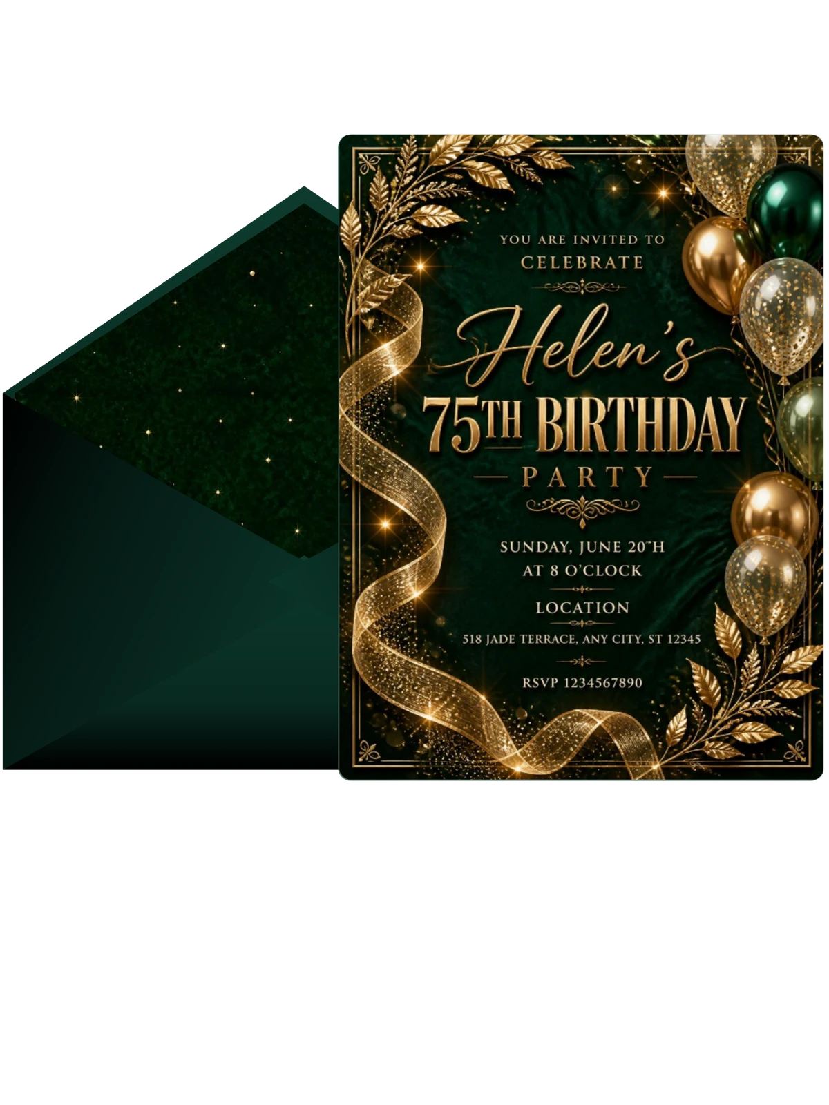 Emerald and Champagne 75th Birthday Invitation