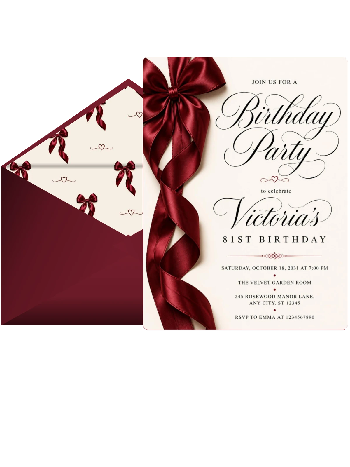 Burgundy Satin Bow 81st Birthday Invitation