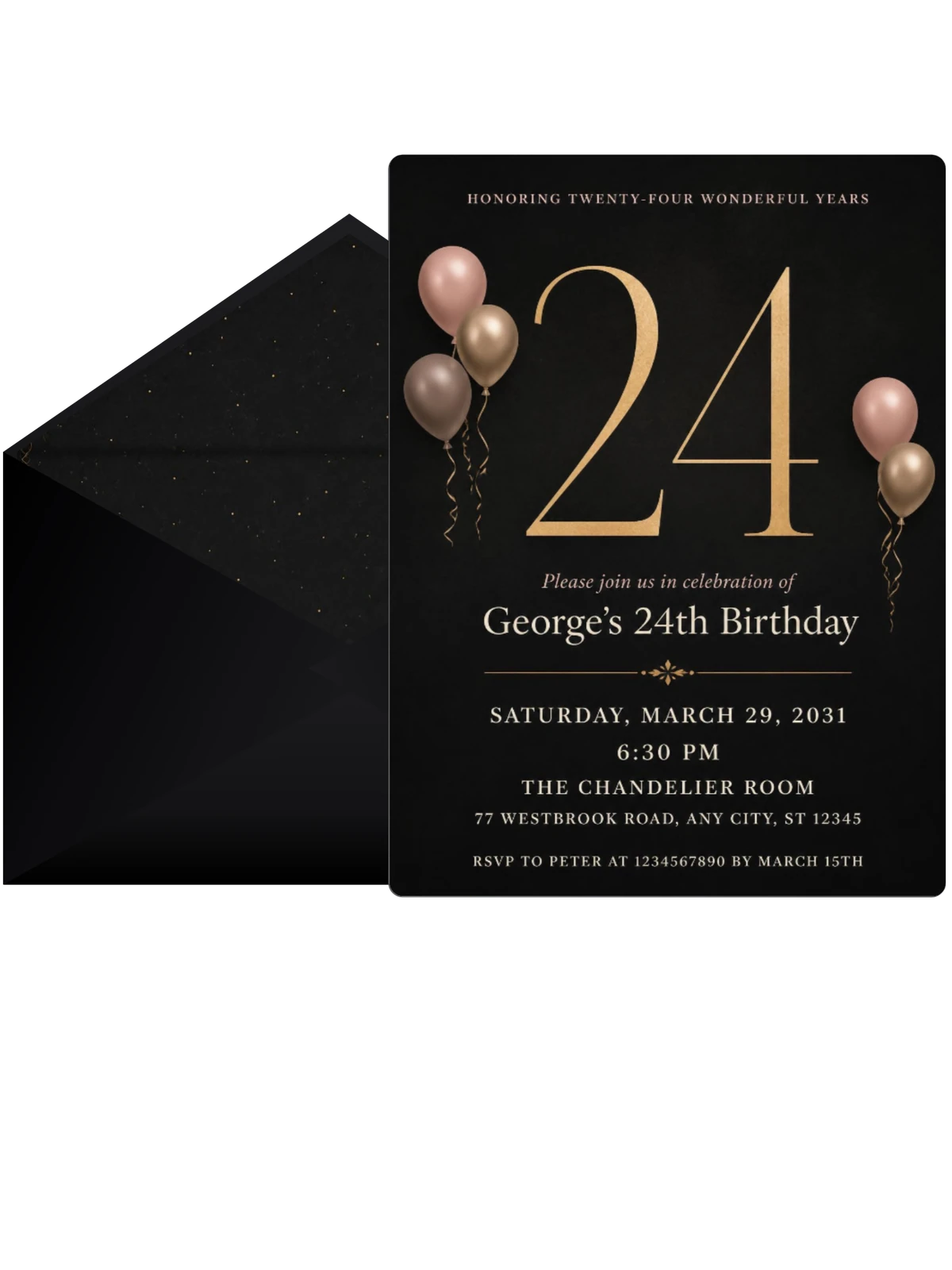 Charcoal and Blush 24th Birthday Invitation