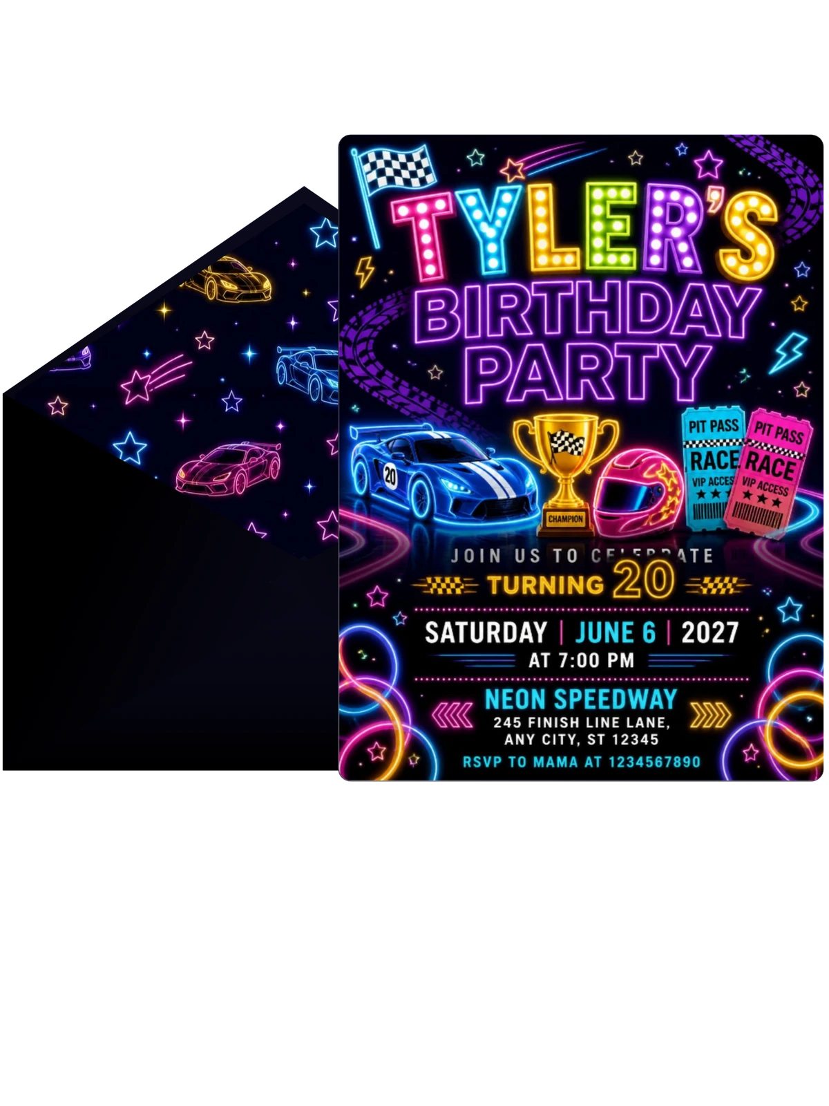 Neon Race Cars 20th Birthday Invitation
