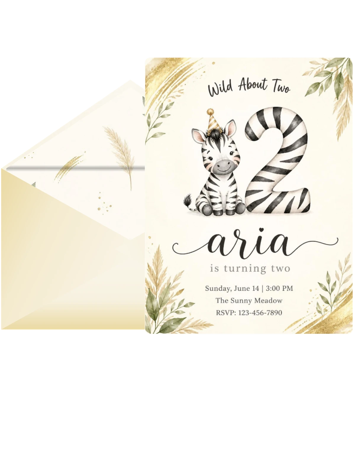 Gold Watercolor Zebra 2nd Birthday