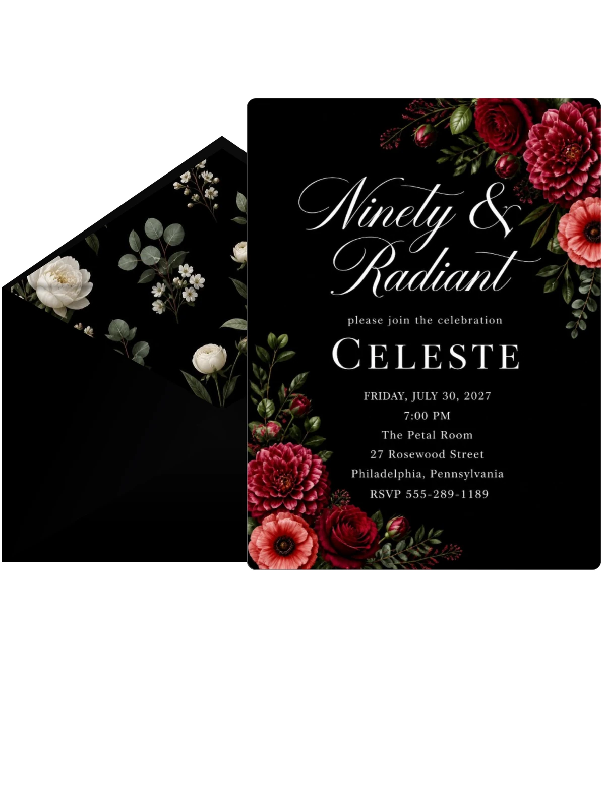 Black Floral 90th Birthday Invitation
