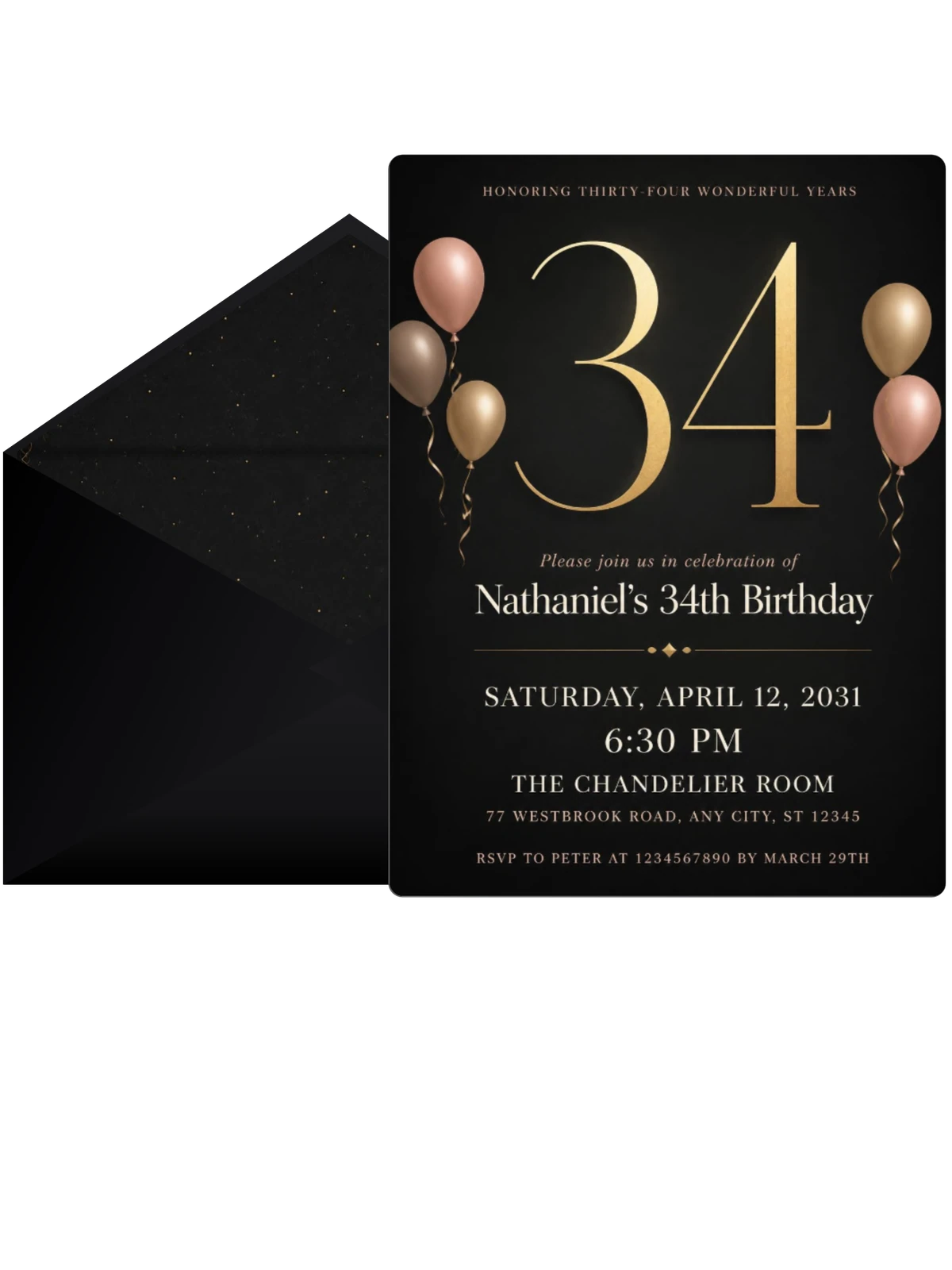 Charcoal and Blush 34th Birthday Invitation