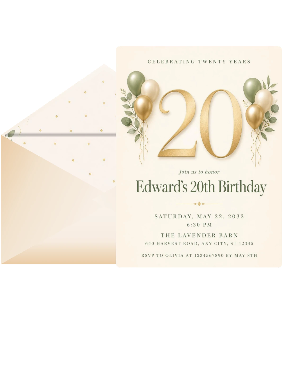 Sage and Ivory 20th Birthday Invitation