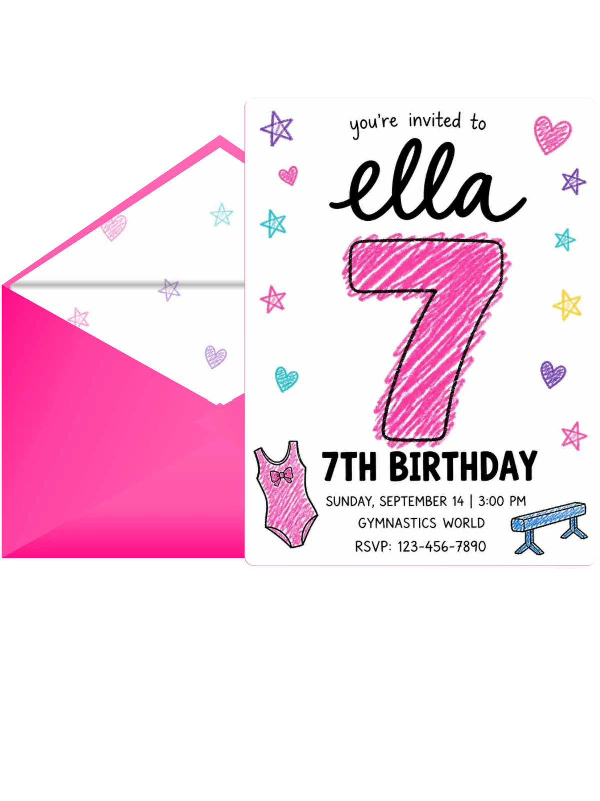Crayon Gymnastics Girl's 7th Birthday Invitation