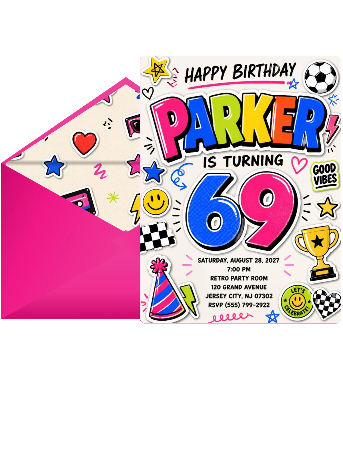 Sticker Pop 69th Birthday Invitation