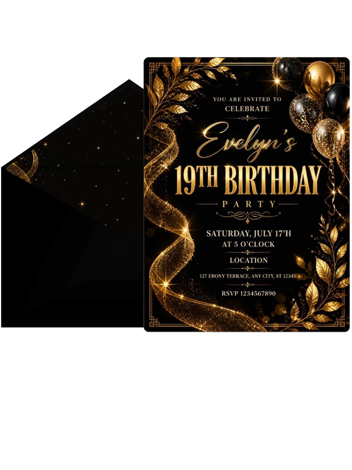 Black and Gold 19th Birthday Invitation