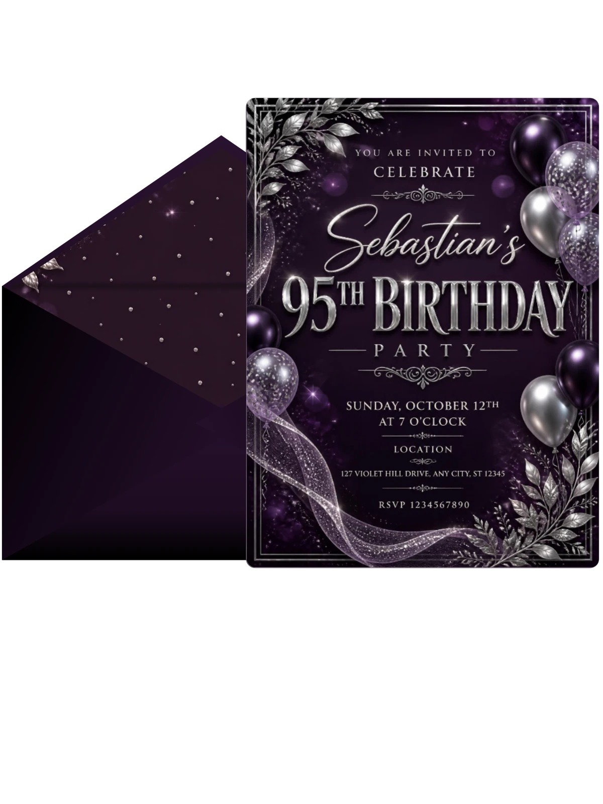 Plum and Silver 95th Birthday Invitation