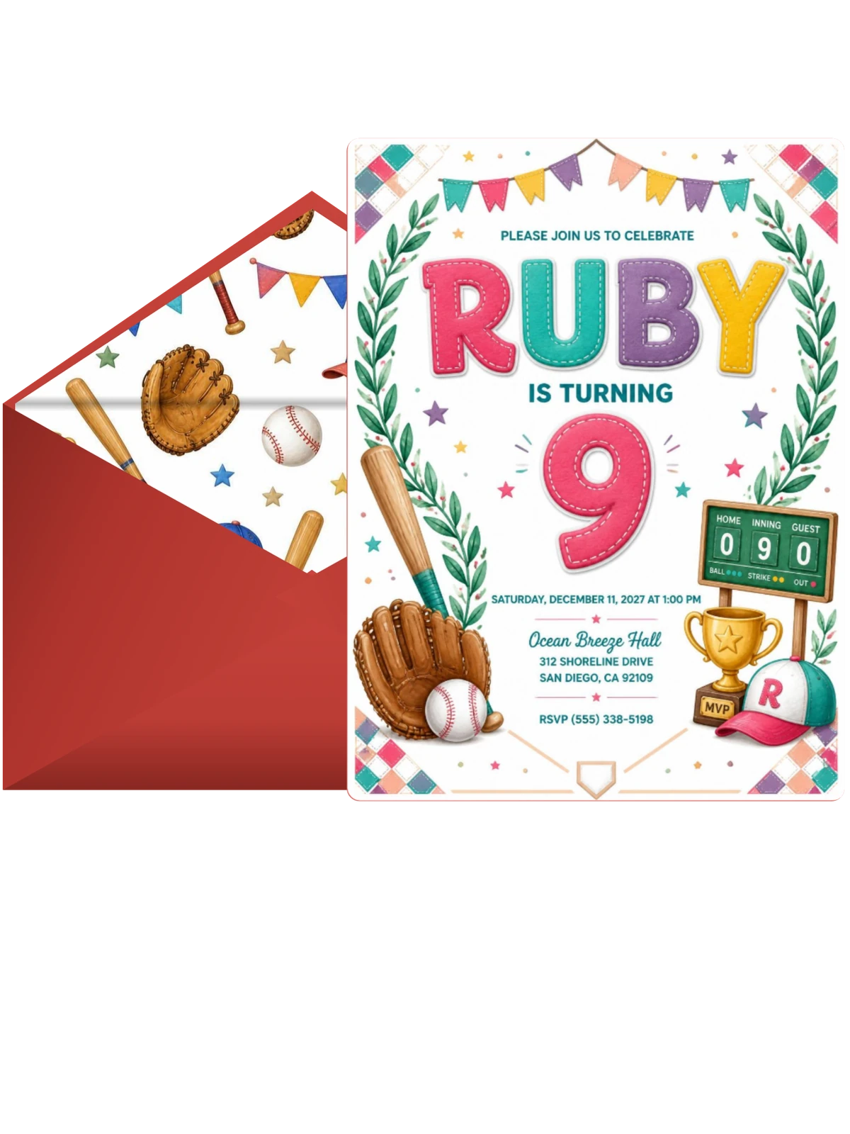 Stitched Baseball 9th Birthday Invitation