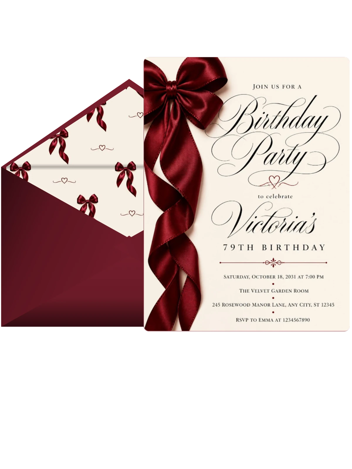 Burgundy Satin Bow 79th Birthday Invitation