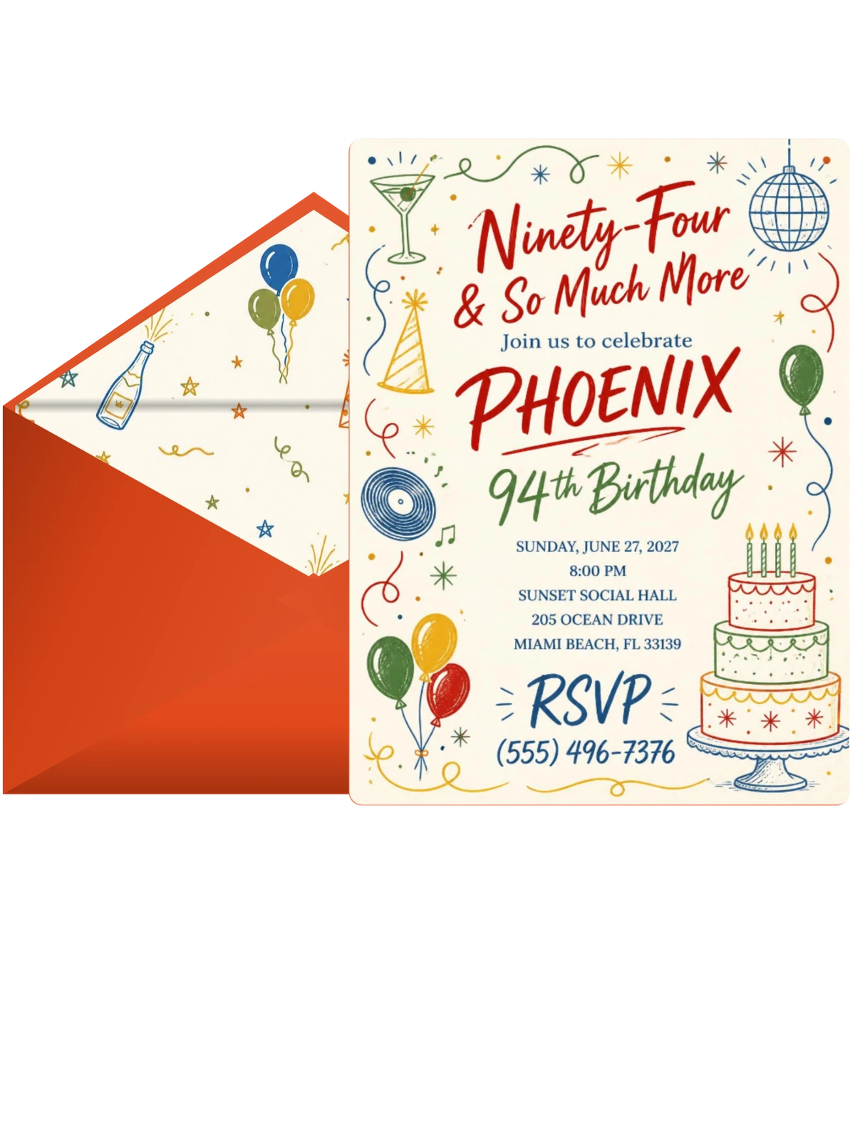 Retro Doodle 94th Birthday Invitation