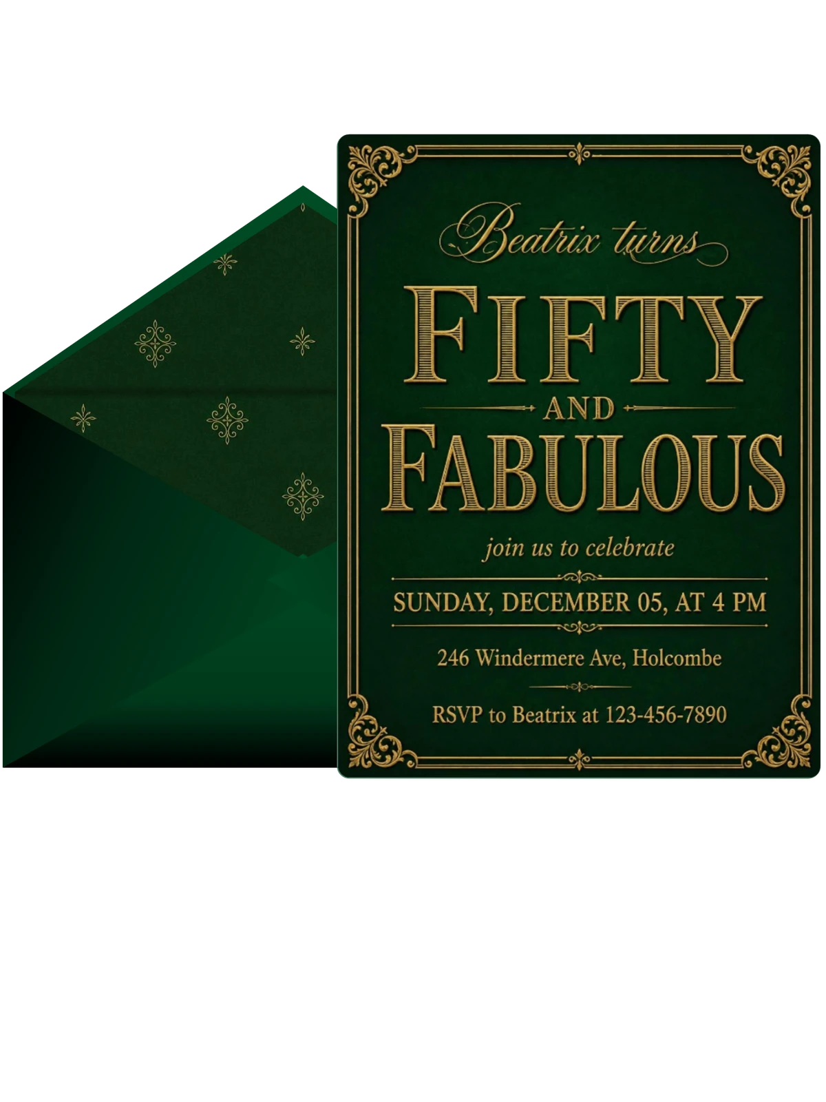 Forest Green Gold Filigree 50th Birthday