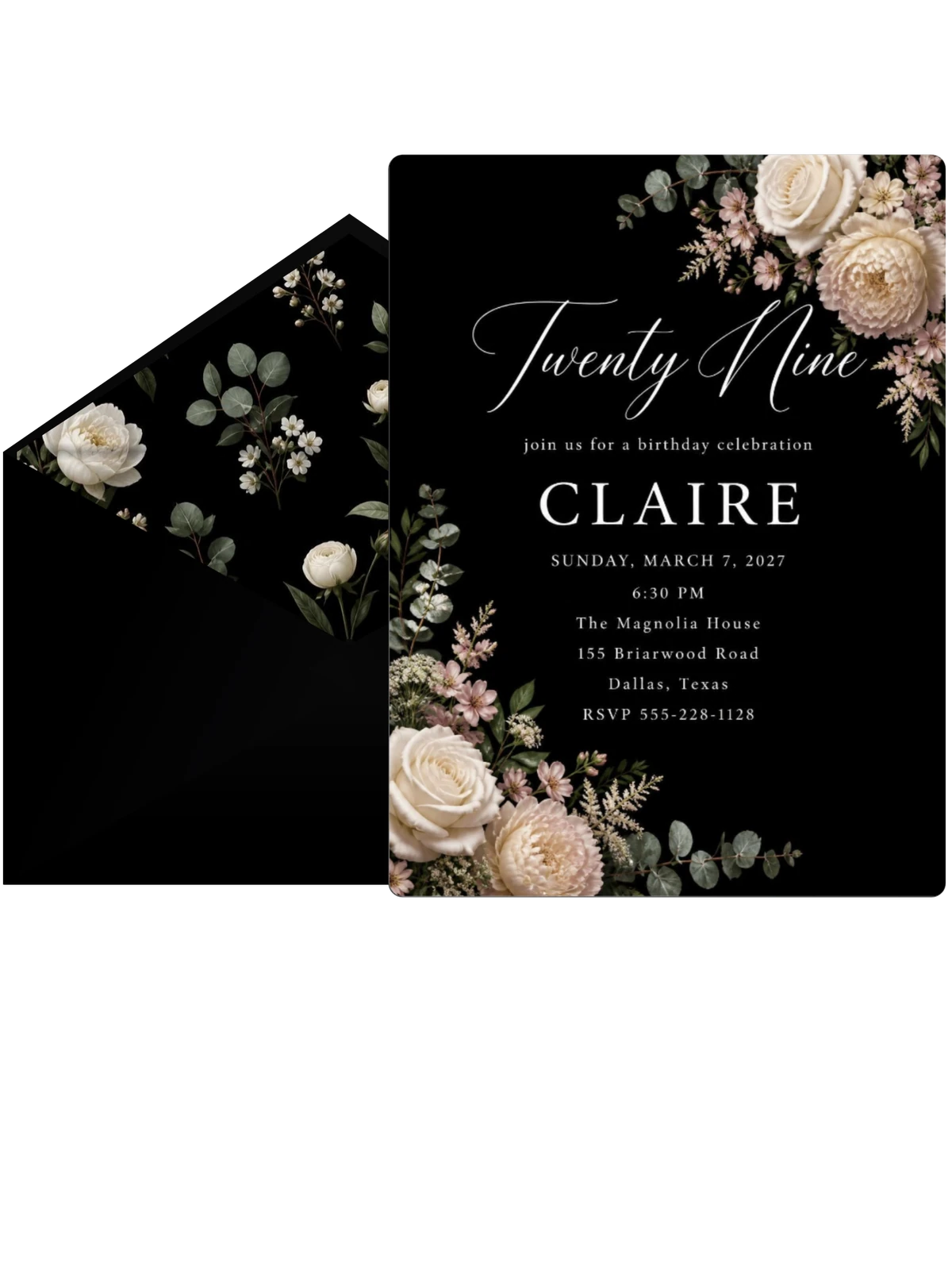 Black Floral 29th Birthday Invitation
