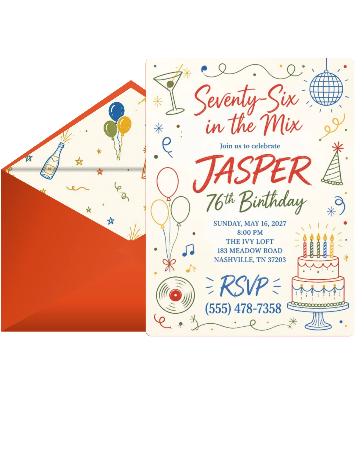 Retro Doodle 76th Birthday Invitation