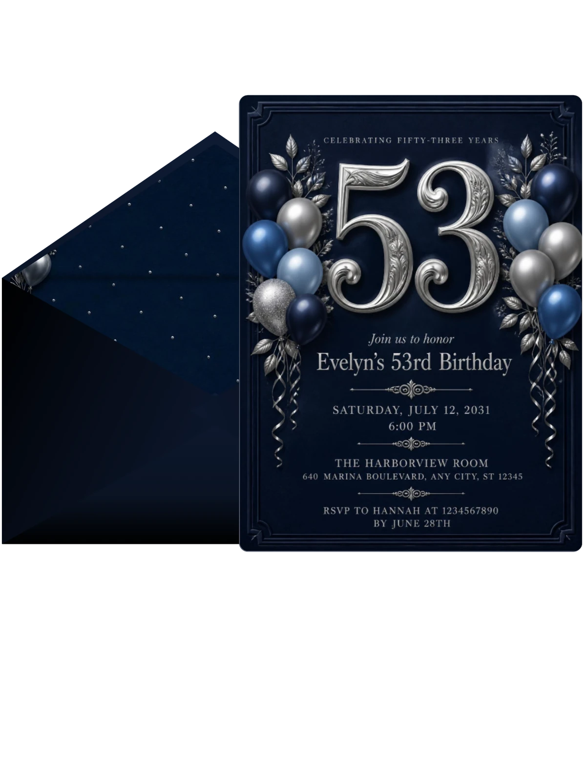Navy and Silver 53rd Birthday Invitation