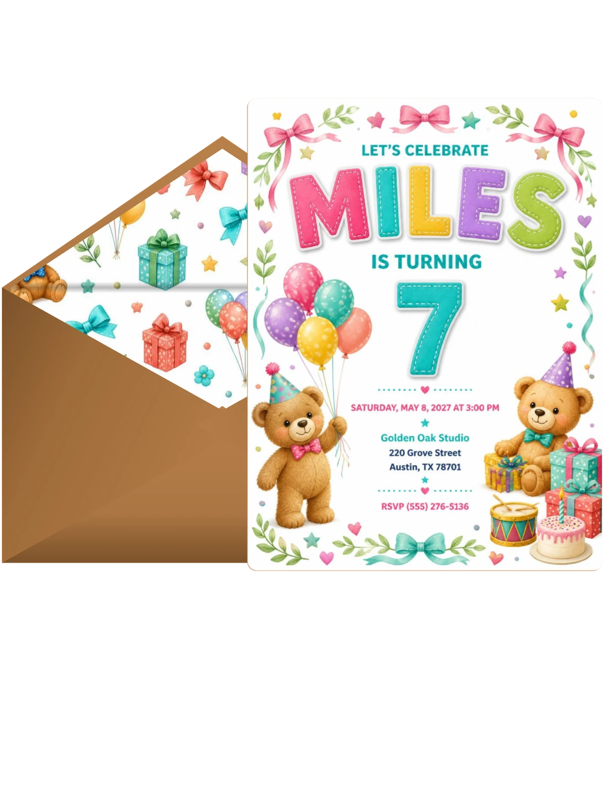 Stitched Teddy Bear 7th Birthday Invitation