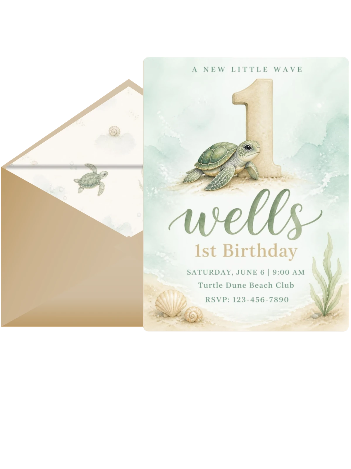 Sage Watercolor Sea Turtle 1st Birthday